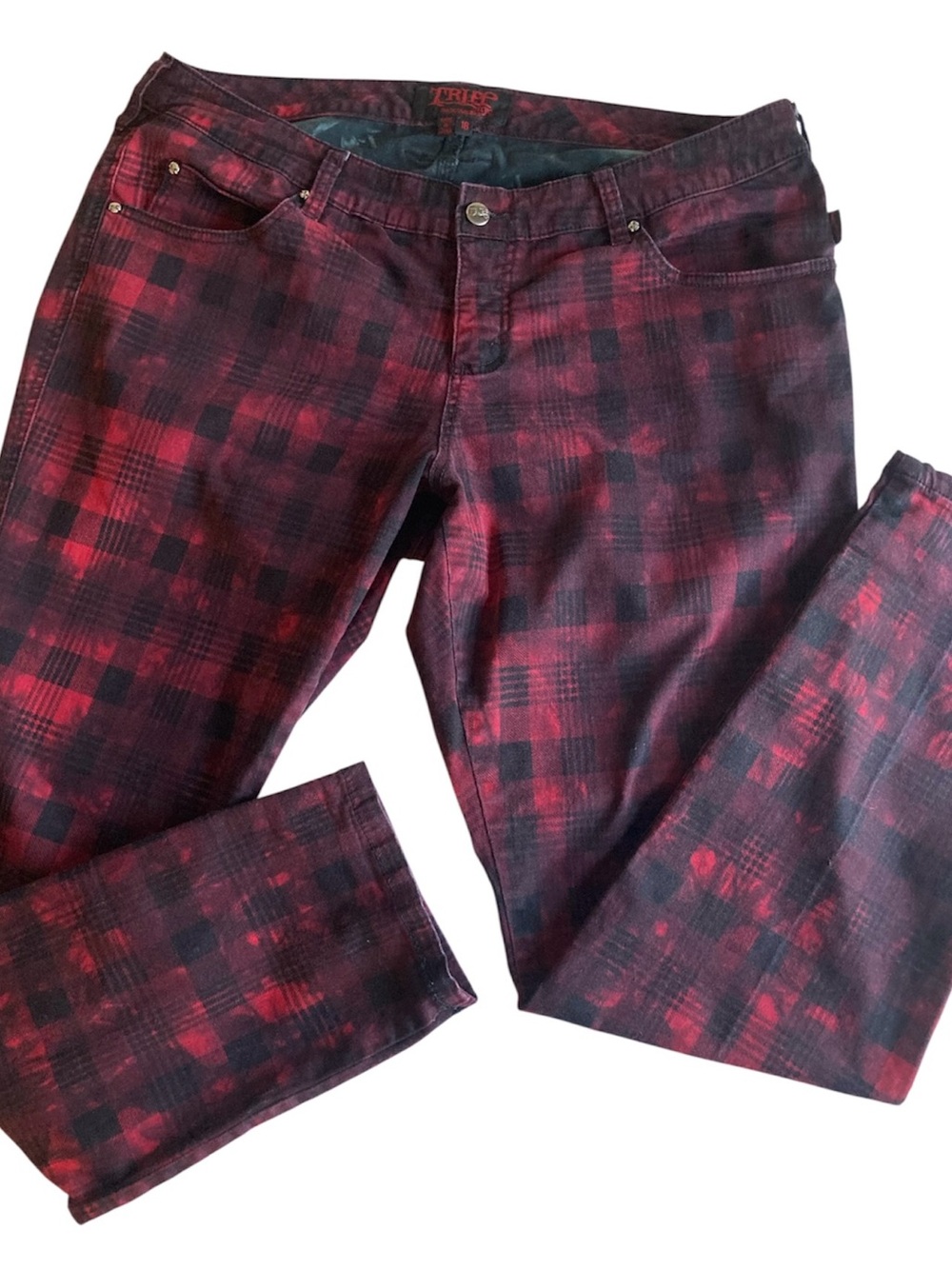 Tripp NYC red plaid distressed tie dye pants jeans Punk grunge goth size 18 - Picture 2 of 16